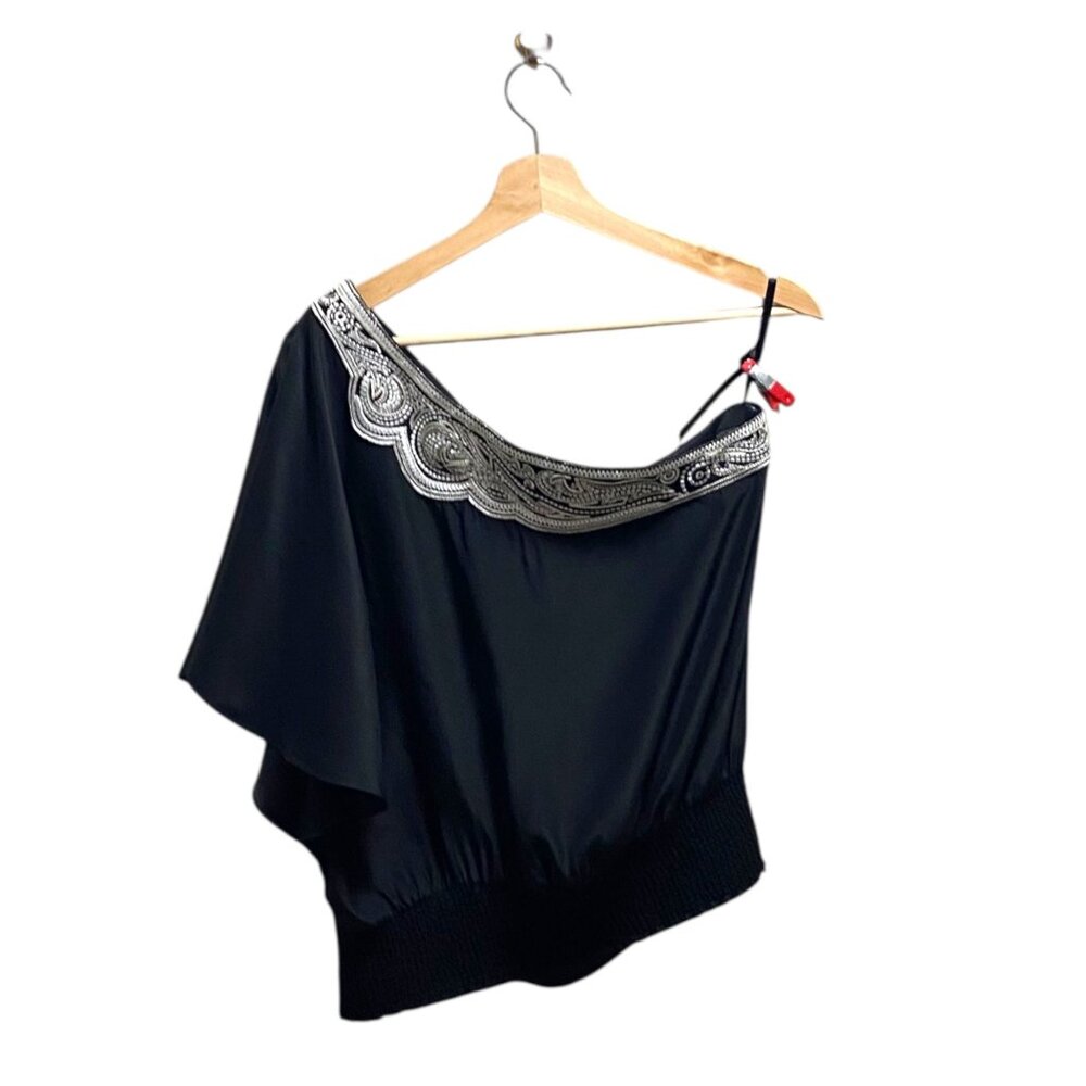White House Black Market Black and Silver One-Shoulder Blouse - Picture 12 of 14